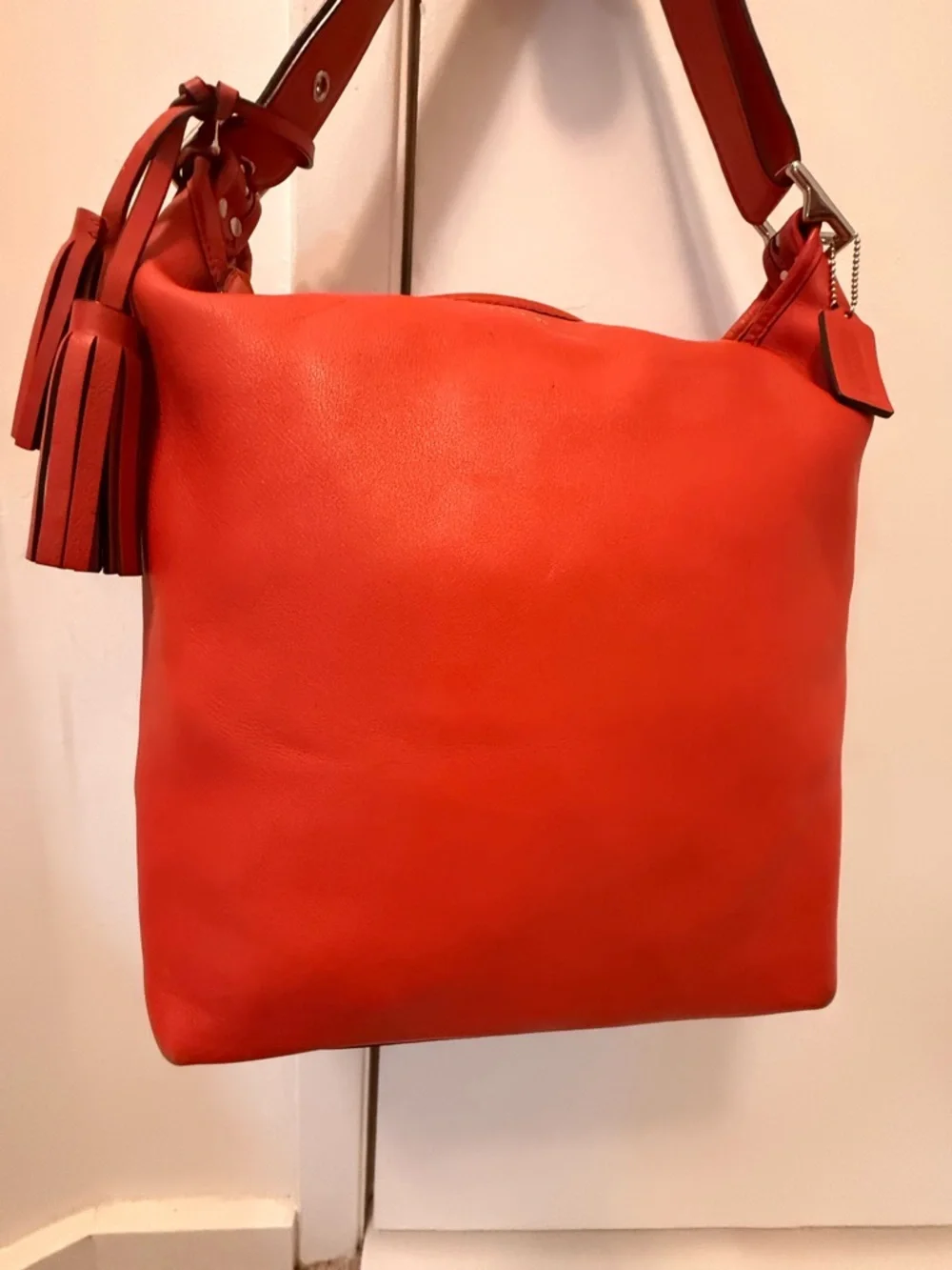 Coach Y2K Coral Red Leather Shoulder Tote Slouchy Boho Tassel Hobo Bag - Picture 9 of 12